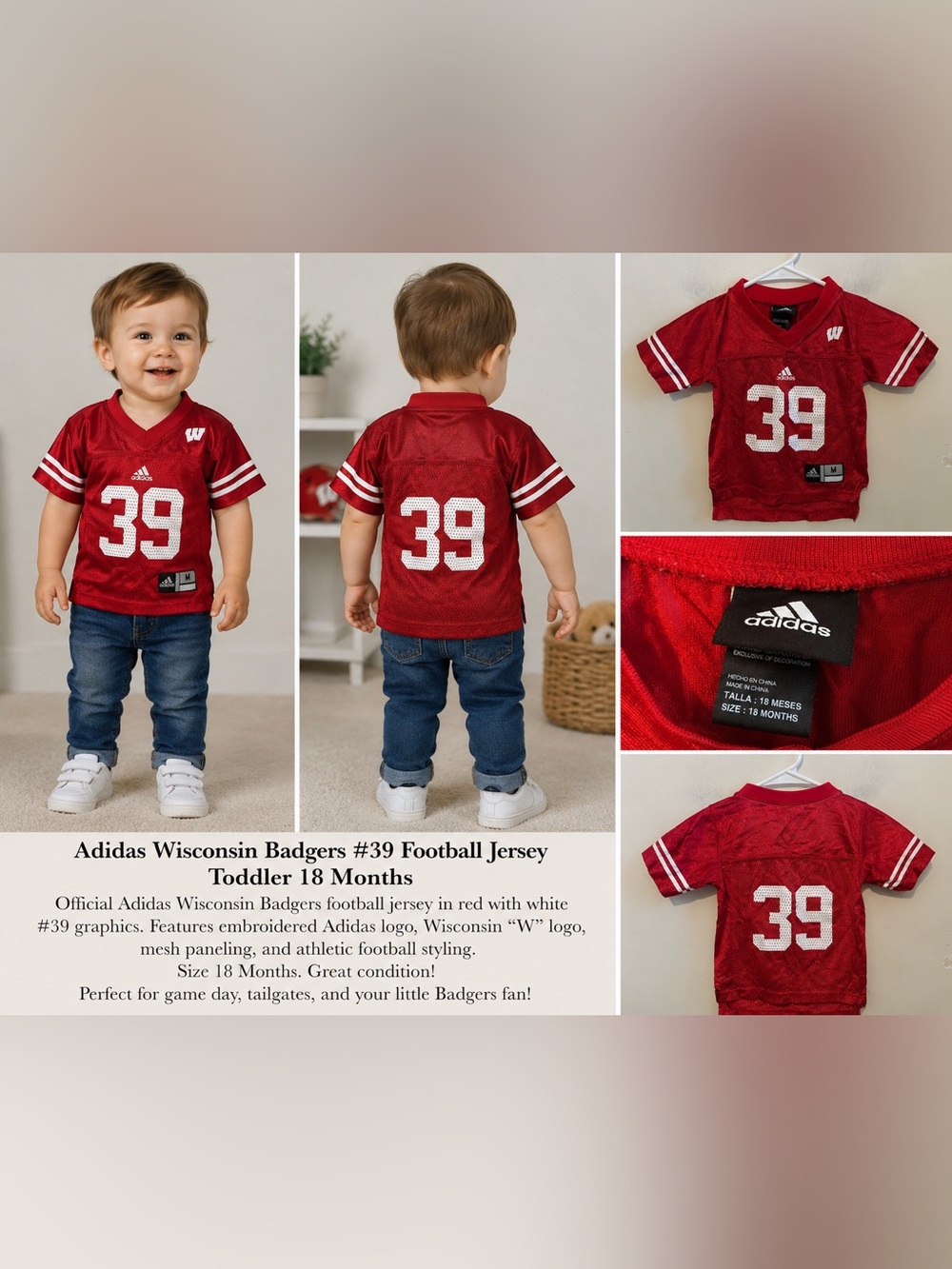 Adidas Wisconsin Badgers #39 Football Jersey Toddler 18 Months Red NCAA